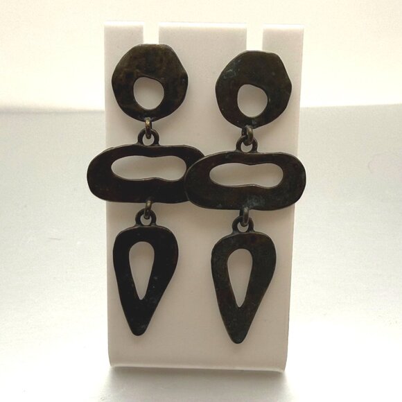 Vintage Brutalist Modernist Abstract Dangle Earrings Heavy Patina Metal - Picture 1 of 5